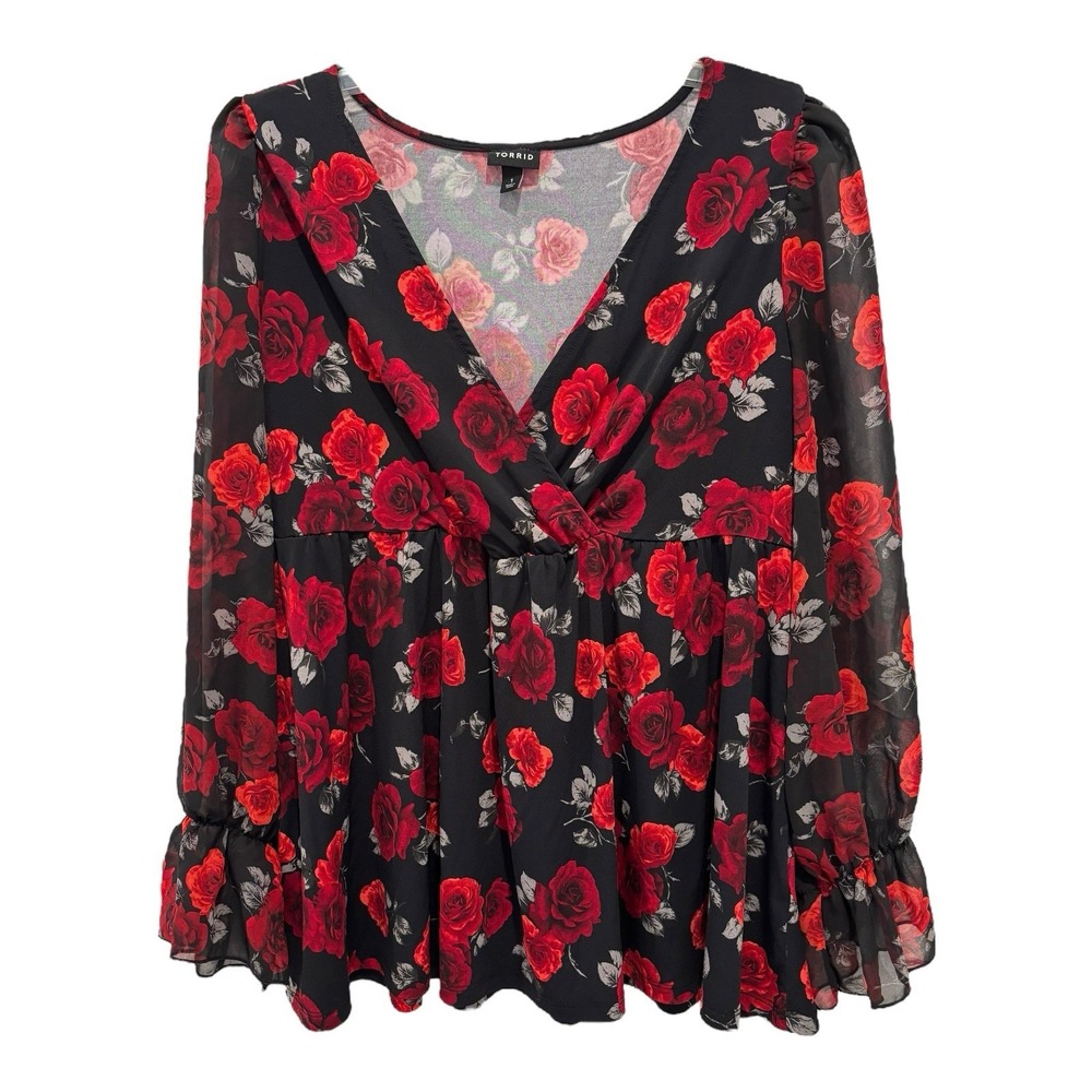 Torrid Black and Red Floral Blouse